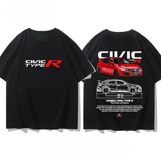 Honda Civic Motorcycle Short-sleeved Classic Modified Car Culture JDM Car Racing Fan T-shirt Club Men's Top