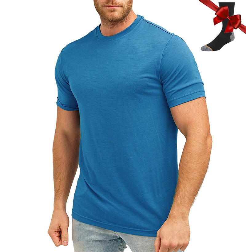 100% Superfine Merino Wool T Shirt Mens Base Layer Shirt Merino Wool Wicking Breathable Quick Dry Anti-Odor +Merino Wool Socks