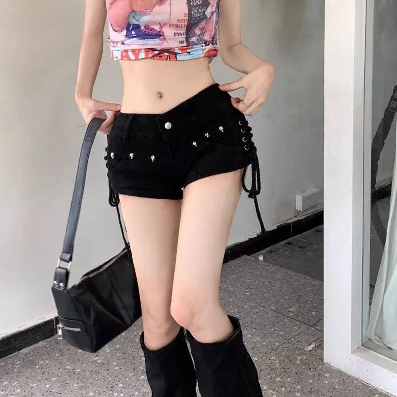 Black Gothic Punk Denim Shorts for Women Creativity Lace-Up Popular Y2K Cowboy Short Pants Lady Sexy Skinny Elastic Jean Shorts