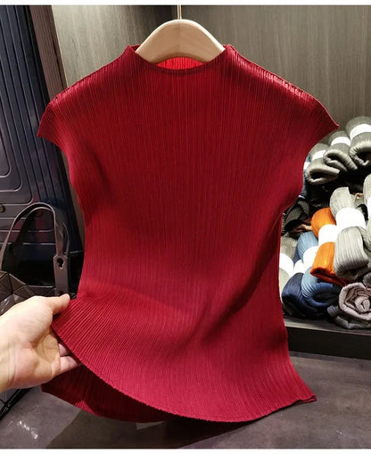 Miyake Versatile Classic Simple Solid Color Stand Up Collar Pleated Top Women Slim Slim Short Sleeve Miyake T-shirt Summer 2025