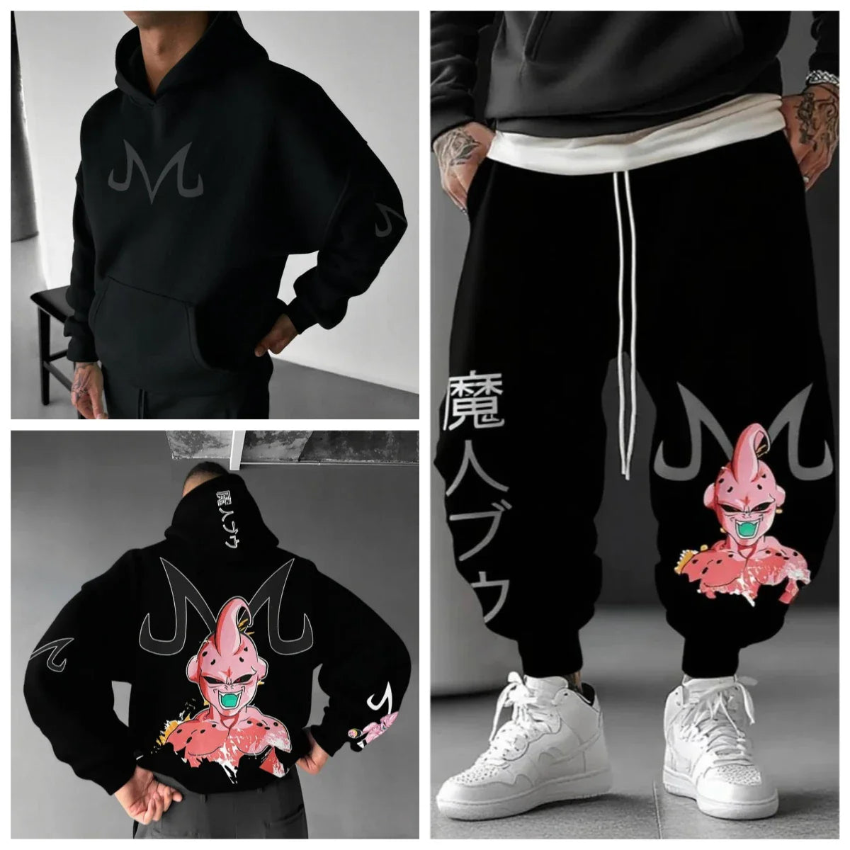 Majin Buu Hoodie Pants Set Anime Cotton Loose Fit Graphic Print Streetwear Casual Sweatshirt Joggers Japanese Cartoon Character