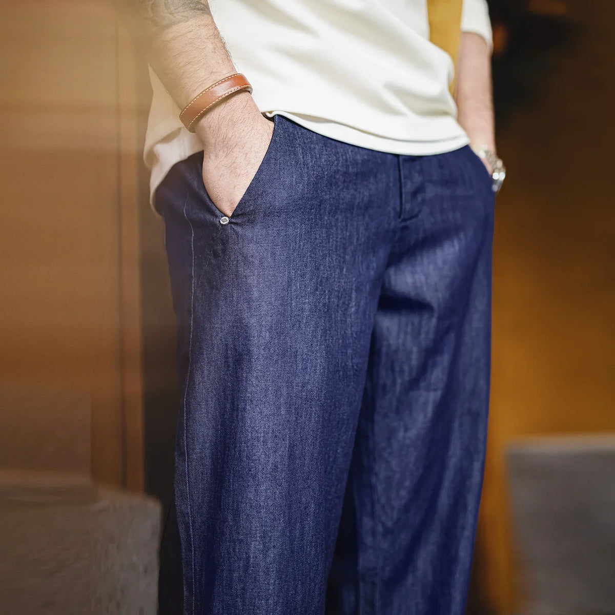 Men's Vintage Denim Jeans Washed Blue Lightweight Baggy Straight Wide Leg Zipper Casual Spring Summer Pants