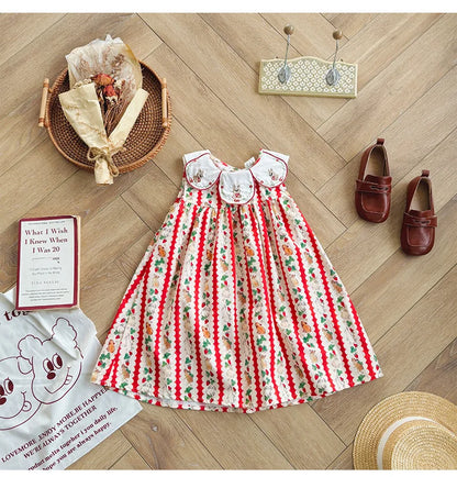 Flower Collar Rabbit Embroidered Girls' Dress 2025 Summer Style Cartoon Print Sweet and Cute Baby Sleeveless Dress