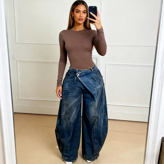 Wide Leg Pants Women Vintage Denim Jeans Punk Style Loose Trousers Stretch Mid Waist Washed Distressed 2026 Mom Streetwear