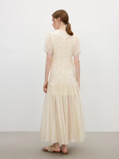 2025 Summer Women's Mesh Embroidery Dress Hollow Out Splicing Bubble Sleeves Waist Tie Y2K Trendy Boho Chic 25FS12832
