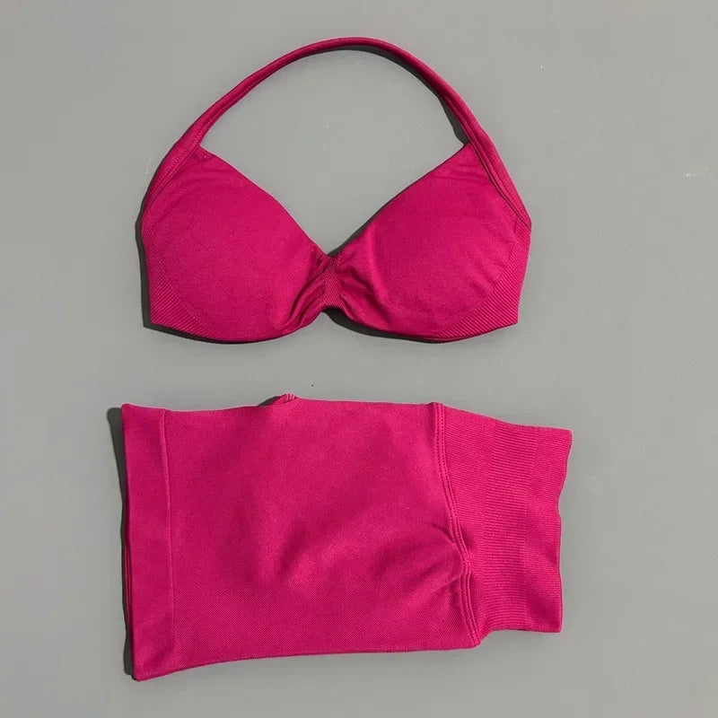 2 Piece Gym Sets Woman Sports Strappy Bra Seamless Set Quick Dry Fitness Squat Proof Shorts Sportswear Running Workout Suit