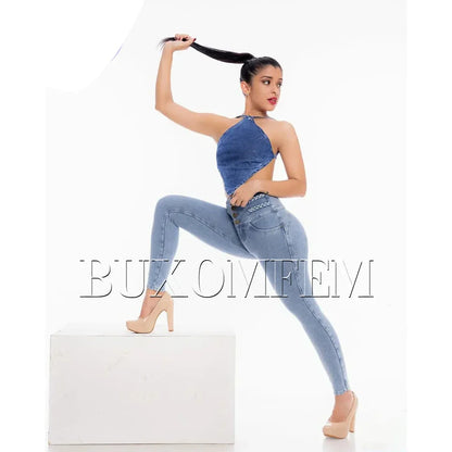 Fashion High Waist Sexy Skinny Stretch Jeans for Women Button Fly Straight Leg Pencil Pants Wrap Hips Trousers Y2K Streetwear