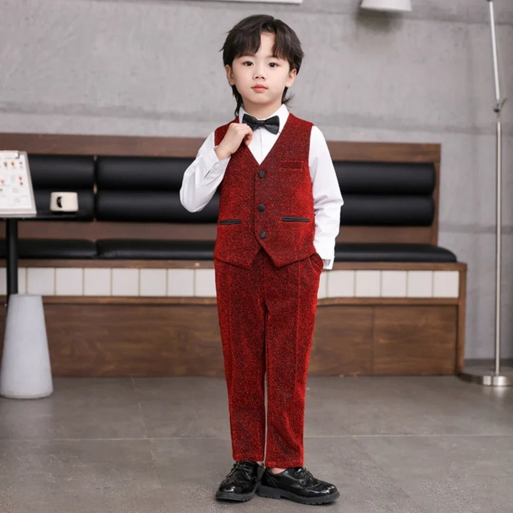 Children's Khaki Striped Suits 3 Pieces Vest Pants Bow-tie Kids Back-to-school Suit Set Wedding Birthday Party Outfit For Boys