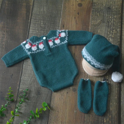 Christmas Baby Clothing Newborn Boy Girl Photography Santa Claus Costumes Sets Green Knitted Romper Stockings Hat 3pcs for Xmas