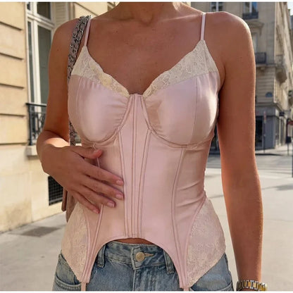 Sexy Lace Patchwork Women Tank Top Club Zippers Sling Deep V-neck Backless Female Vest 2026 Summer Vacation Lady Crop Tops