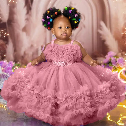 Customized Flower Girl Dress Purple Tulle Tiered Pearls Sleeveless For Wedding Birthday Party Banquet Prom Holy Communion Gown
