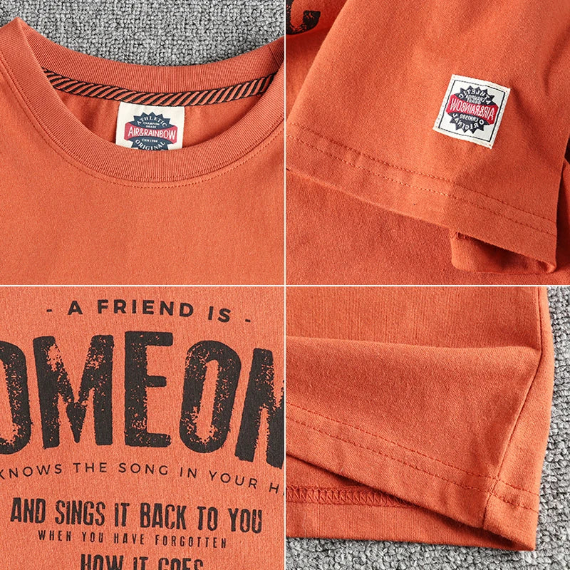 5110# Summer New American Retro Short Sleeve O-neck Letter Printed T-shirt Men's Simple 100% Cotton Old Washed Loose Casual Tops