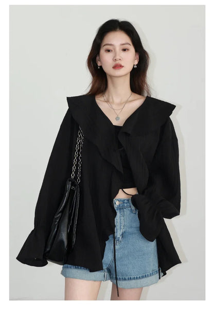 Women Shirt Loose Casual Ruffled Edges Female Blouses Solid V Neck Lace Up Mid Length Ladies Shirts Spring Summer 2026