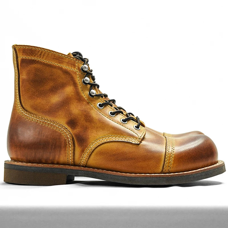 Durable Goodyear-Welted Motorcycle Rugged Heritage Boots Vintage Oil Genuine Leather 8111 Red Punk For Men Cowhide Mid-Cut Shoes