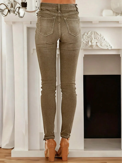 Women's Fashionable Elegant Casual Versatile Washed Cat's Whisker Pattern Skinny Fit Denim Jeans for Daily Wear