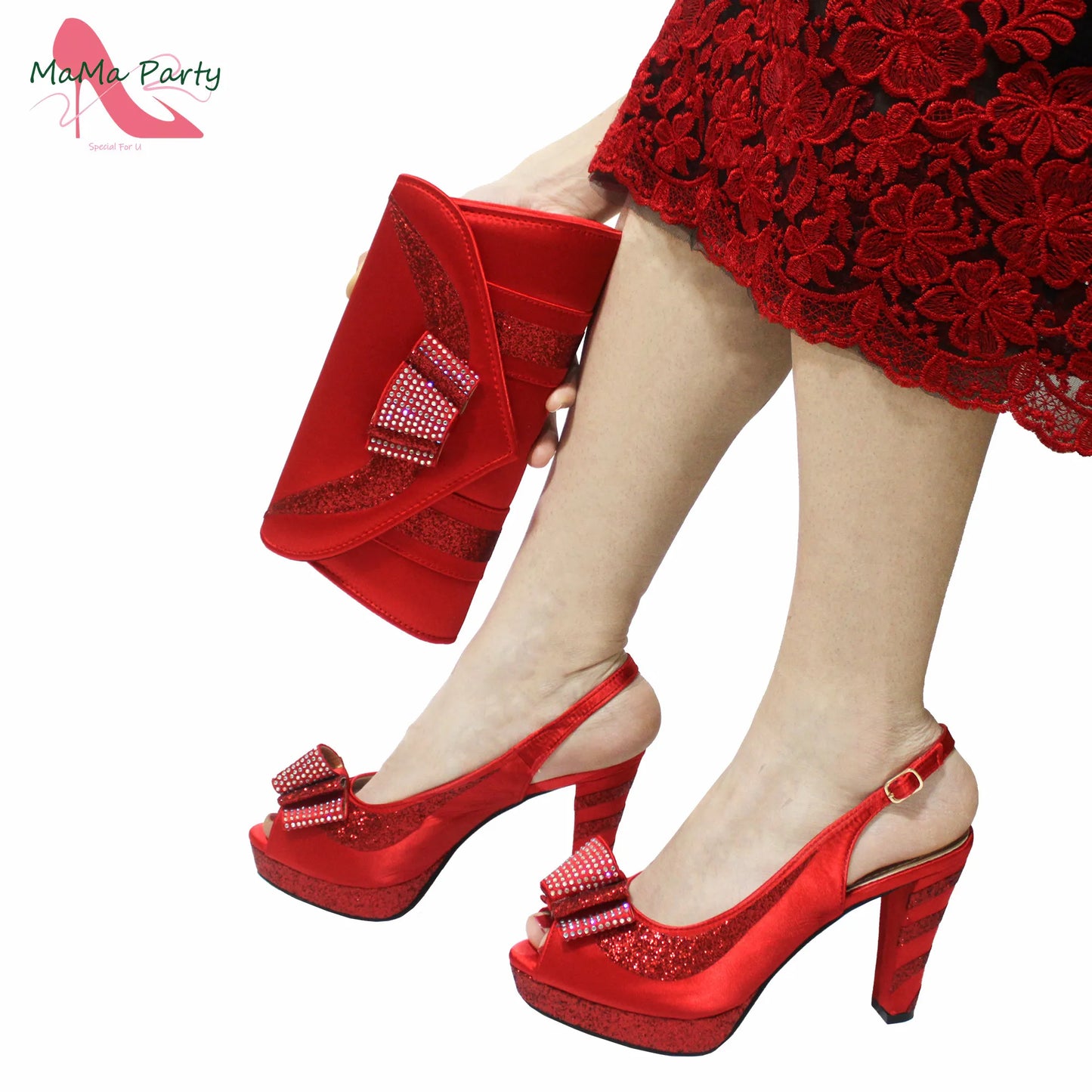 2025 Red Elegant Style Italian Women Shoes Matching Hand Bag Set  Slingbacks Sandals with Platform for Party