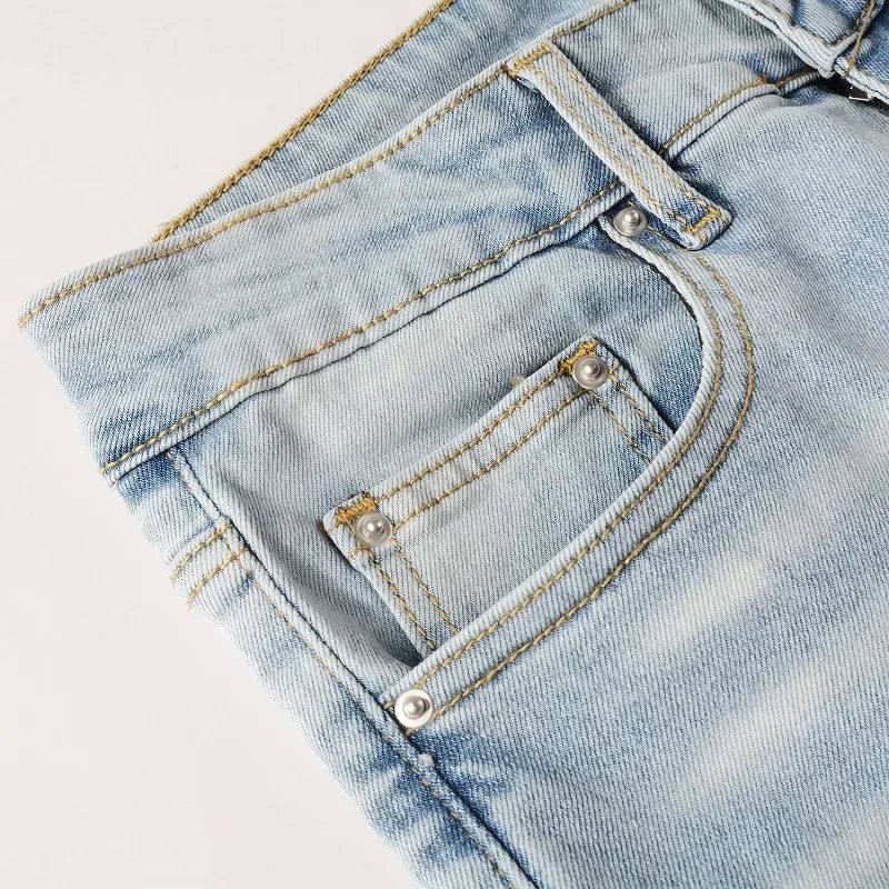 High Street Jeans Patch Hand-worn Holes Slim Skinny Jeans for Men