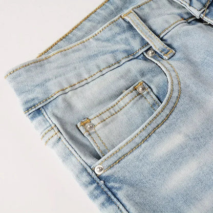 High Street Jeans Patch Hand-worn Holes Slim Skinny Jeans for Men