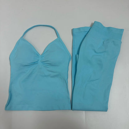 Set of 2 pieces of women's yoga mesh, sleeveless tops with open back, high-waisted gym suit, fitness clothing, yoga set