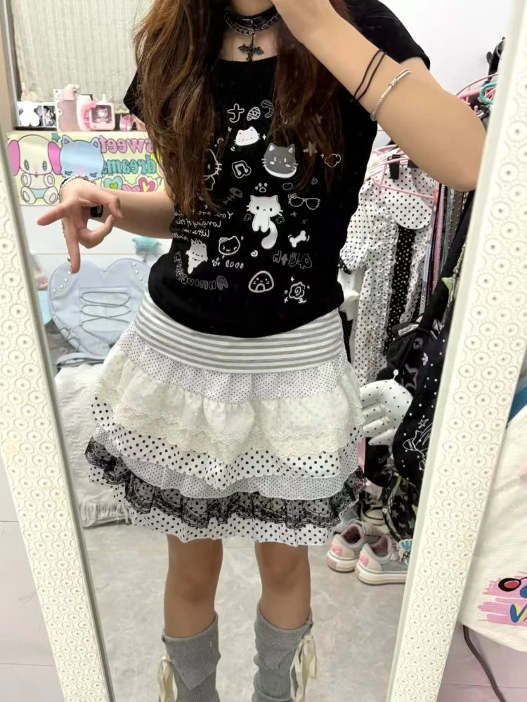 Sweet Lace Lolita Loose Skirt Women 2025 Summer Japanese Elastic Waist Patchwork Polka Dot Cake Skirts Hepburn New Vintage Skirt