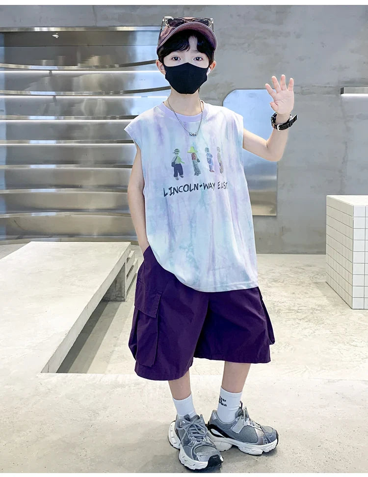 New Summer Kids Clothing Set Sleeveless T-shirt Suit with Shorts for Boy Luxurious Cotton Tracksuit 5 6 7 8 9 10 11 12 13 14 T