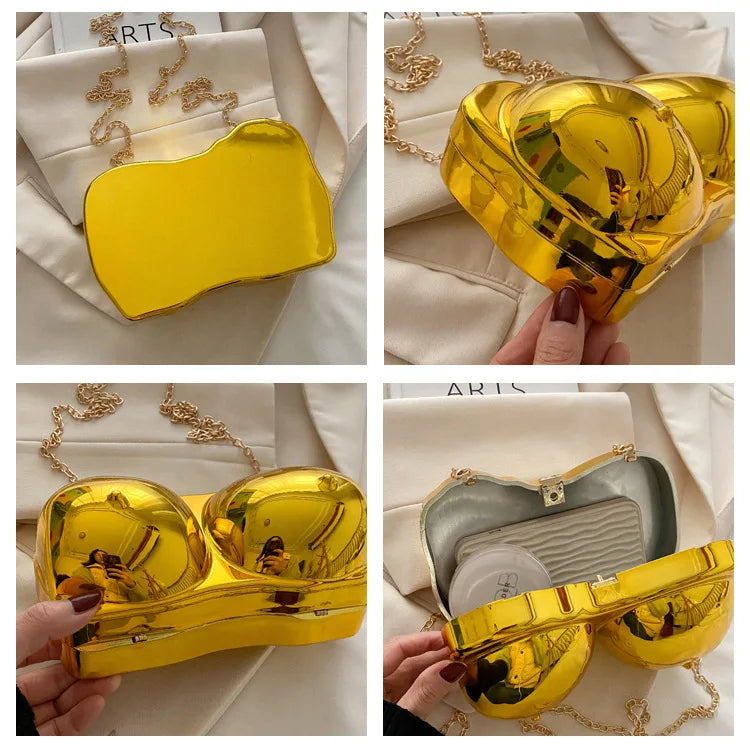 Party Purse Chest Shape PVC Bag For Women 2025 Mini Crossbody Bag Metal Chain Shoulder Bag Luxury Gold Silvery Lipstick Pouch