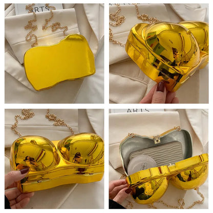 Party Purse Chest Shape PVC Bag For Women 2025 Mini Crossbody Bag Metal Chain Shoulder Bag Luxury Gold Silvery Lipstick Pouch