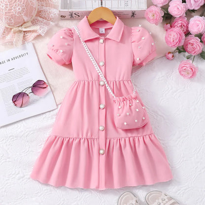 【Free Bag】 Toddler Girl Dress Summer Pearl Casual Cute Children Princess Dresses Birthday Party Kids Girls Dress 3 4 5 6 7 Yrs