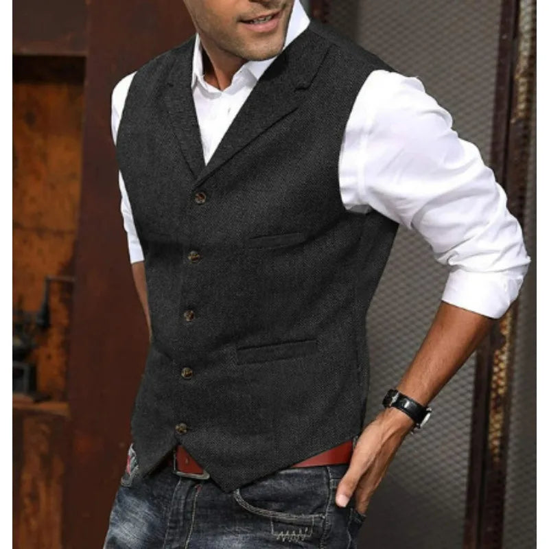 2026 Men's Business Woolen Suit Vest Fashionable British Retro Twill Vest Workwear Slim Fit Vest Elegant Classic Style Black