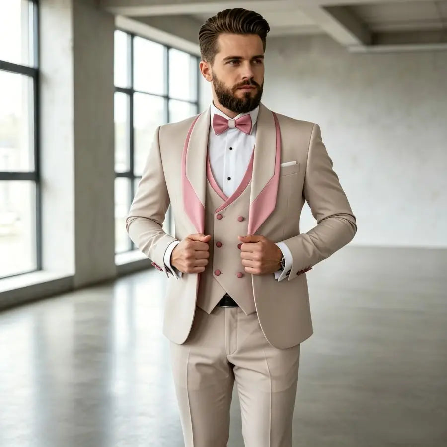 3 Pieces Men's Slim Fit Wedding Tuxedo Beige Groom Prom Dinner Blazer Vest Pants Set Classic Business Formal Suit for Men