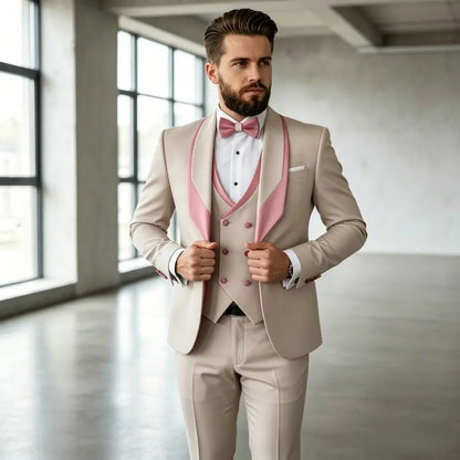 3 Pieces Men's Slim Fit Wedding Tuxedo Beige Groom Prom Dinner Blazer Vest Pants Set Classic Business Formal Suit for Men