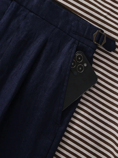 Navy pure linen Paris button micro-tapered slacks Italian casual single-pleat suit pants for men customized