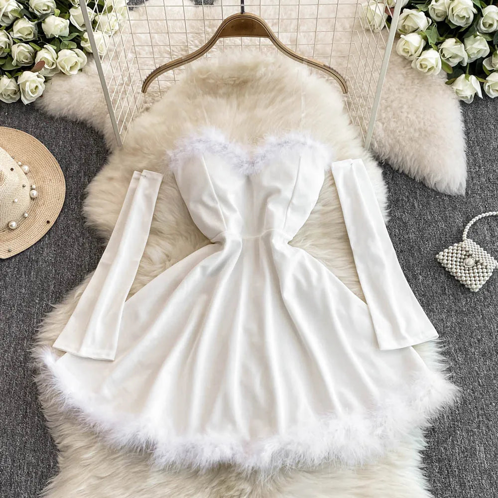 Women's Christmas Dress Sexy Low-cut Waist Thin Big Pendulum Fluffy Splicing Suspender Tube Ling Dress Red