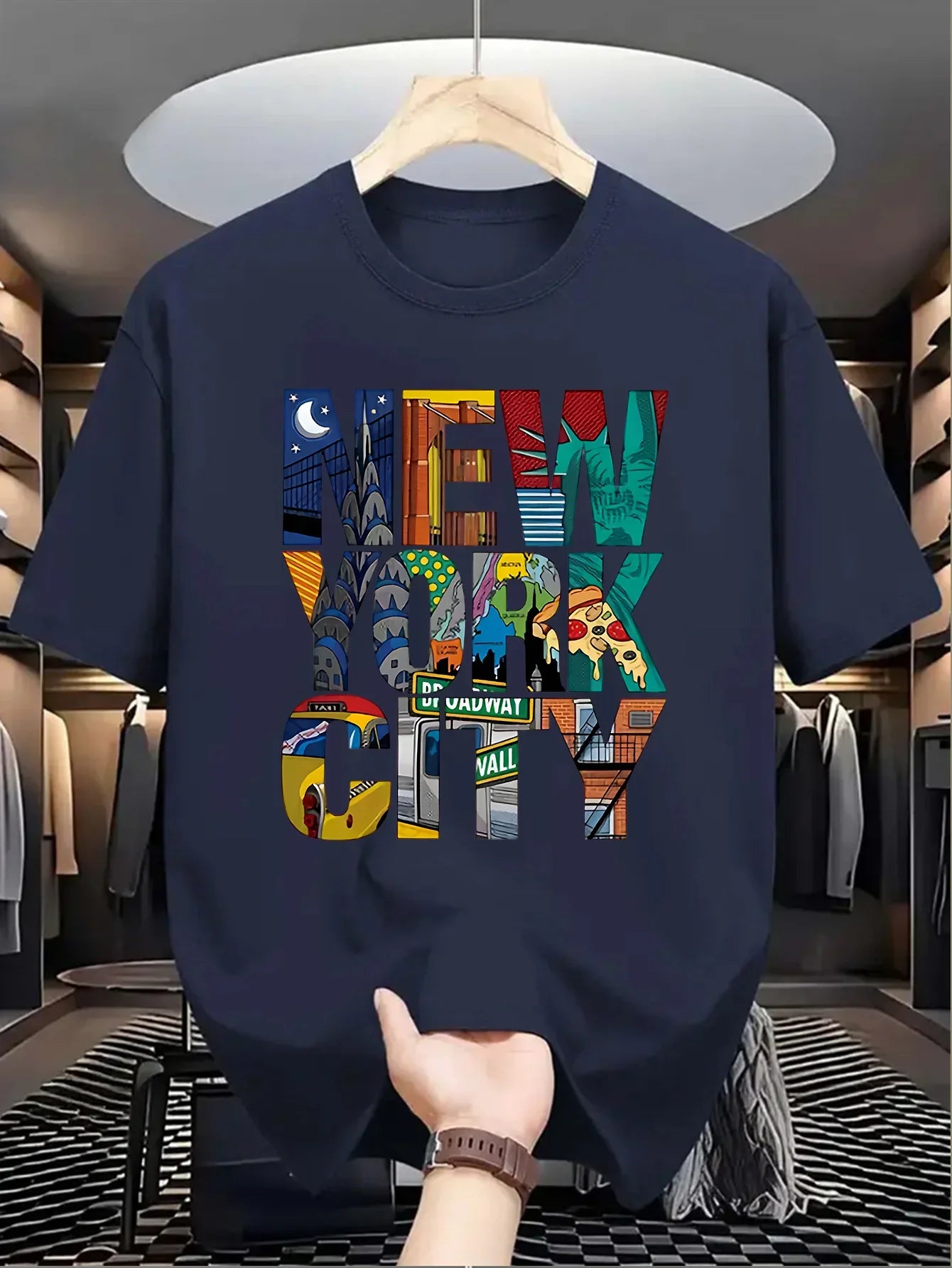 Summer men's 100% pure cotton casual loose fit plus size New York City printed comfortable round neck short sleeved T-shirt top