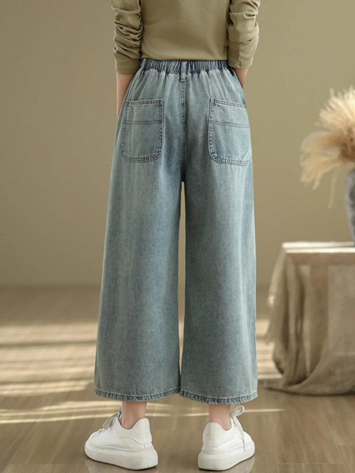 Artistic Wide Leg Denim Jeans Women's Loose Fit Nine-Piece Vintage Slim Straight Cut Trousers Spring Faion Elastic Waist