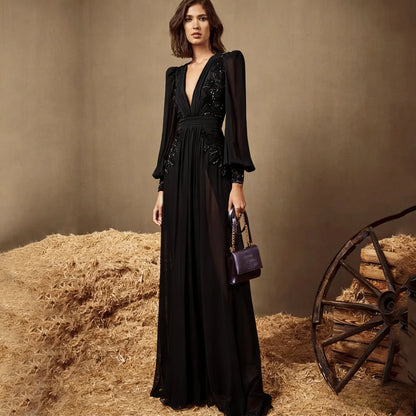 Dark Purple V Neck Long Sleeve Evening Dress Chiffon Pleated Applique Floor Length Beach Party Banquet Women Customized Gown