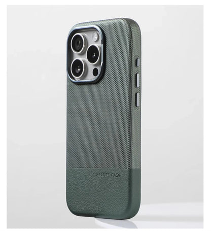 Luxury Business Hit Color Relief Leather Magnetic Case For iPhone 17 Air 16 15 14 13 Pro Max MagSafe Shockproof Alloy Lens Cover