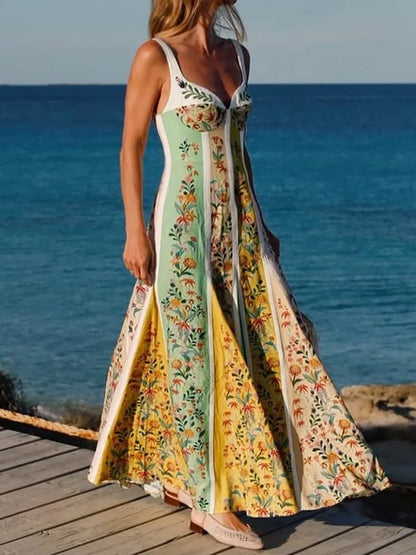 Fashion Elegant Women Sleeveless Party Dresses Casual Deep V Neck Maxi Dress Summer Backless High Waist Print Dress Vestidos