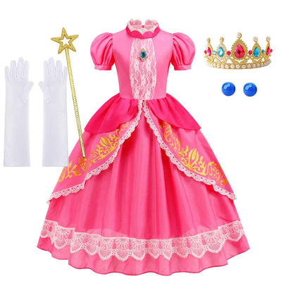 Pumber Bros Vedio Game Movie Cosplay Girl Peach Dress up Lace Ball Gown Princess Costume Kid Cute Halloween Clothing Frock 2-10Y