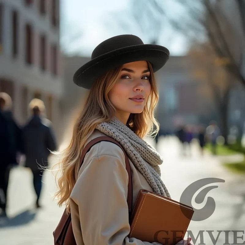 Autumn Winter Pork Pie Fedora Hat for Women Men Soft Felt Curved Brim Porkpie Hats with Hatband Feather