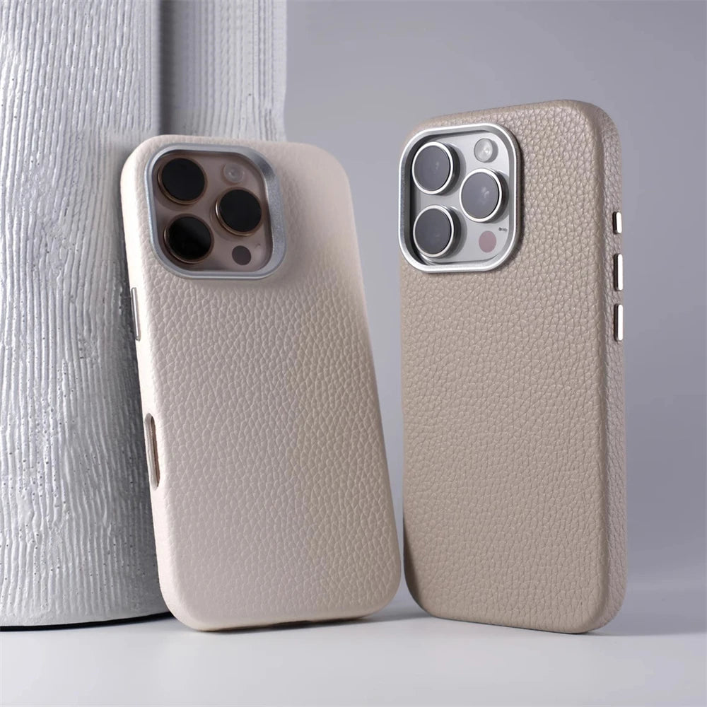 Luxury Business Lychee Texture Leather Shockproof Case For iPhone 17 Pro Max 16 15 14 13 For MagSafe Magnetic Alloy Lens Cover