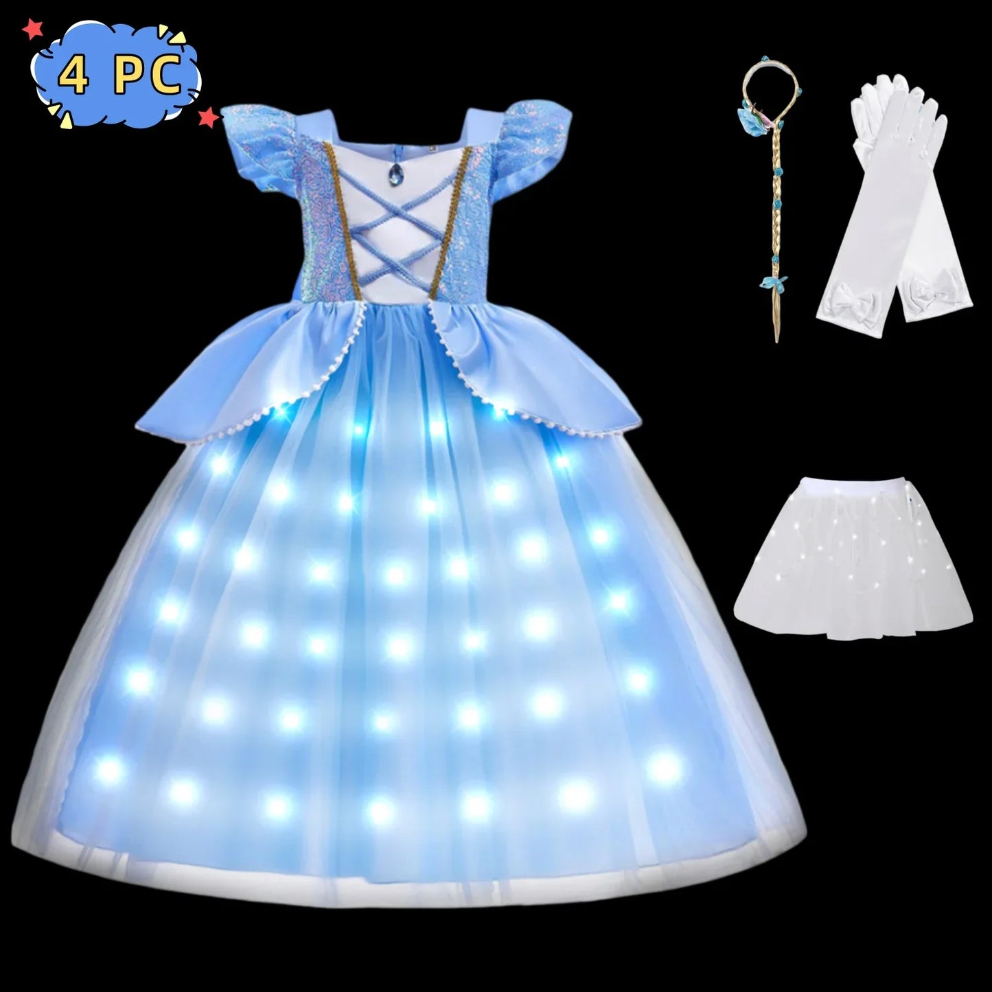 2026 Girl's Princess Cinderella Costume Classic Style Blue Ball Gown Dress Up with White Led Lights Outfit Dresses for Girls