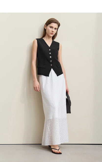 V-Neck Women's Vest Top 2026 Summer New Single Breasted Chiffon Patchwork Hem Sleeveless Blouse Casual Short Tank 12622042