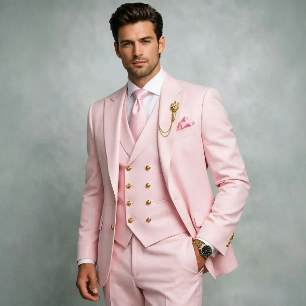 Mens White 3 Pieces Slim Fit Wedding Tuxedo Gold Buttons Peak Lapel Vest Formal Blazer Pants Groom Prom Office Evening Wear