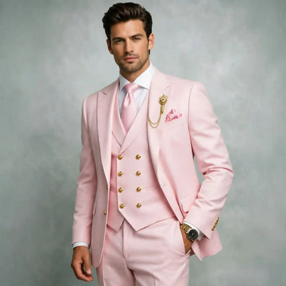 Mens White 3 Pieces Slim Fit Wedding Tuxedo Gold Buttons Peak Lapel Vest Formal Blazer Pants Groom Prom Office Evening Wear