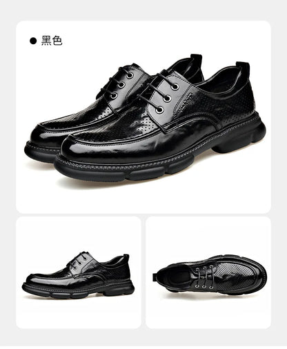 Summer Hallow Cow Leather Shoes for Men Fashion Casual Black New Designer Dress Shoes Male Lace Breathable Platform Shoes Man