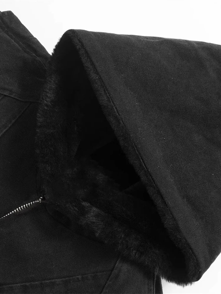 Autumn Winter Short Thickened Warm Oversized Canvas Washed Padded Jacket with Faux Fur Inside Loose Casual Hoodie