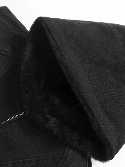 Autumn Winter Short Thickened Warm Oversized Canvas Washed Padded Jacket with Faux Fur Inside Loose Casual Hoodie