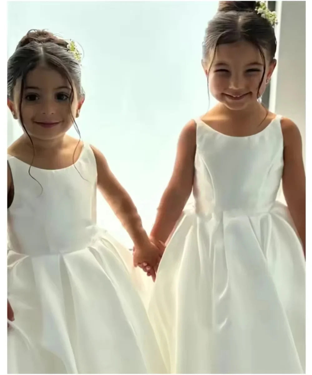Ivory Flower Girl Dress With Bow Strap Mini Bridal Wedding Dress Kids Ball Gown 1st Communion Frock Customized Vestidos De Noiva