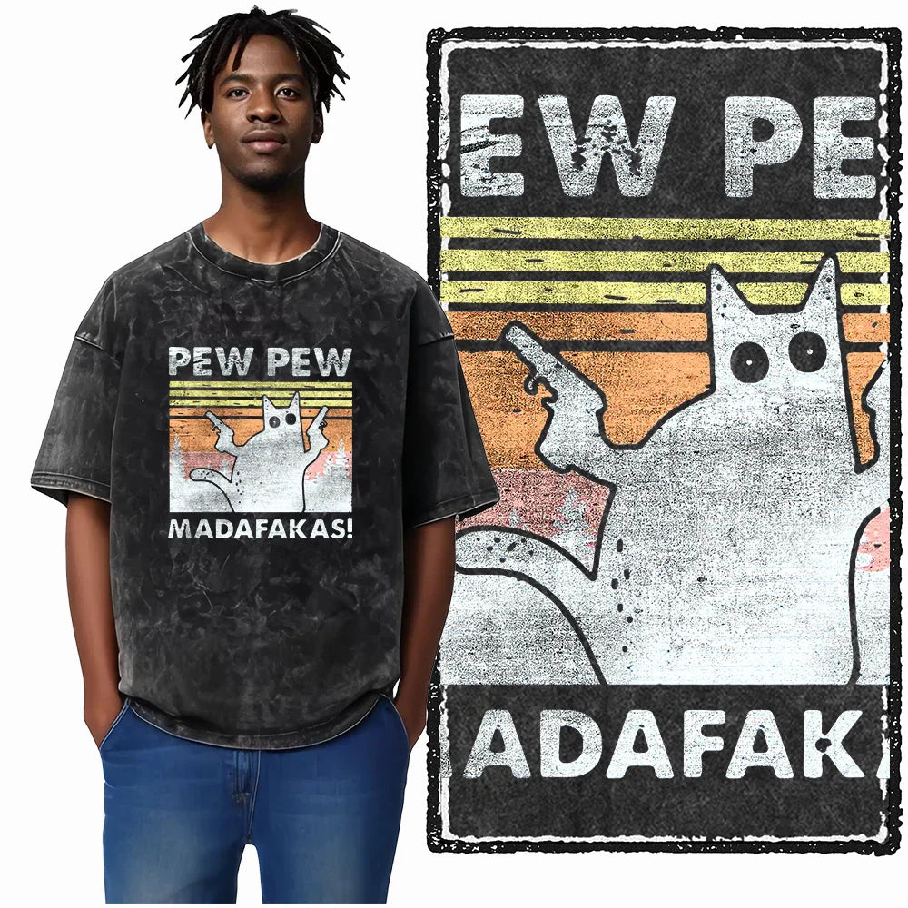 Cat Printed Cotton Acid Washed Exclusive Graphic Unisex T Shirt Cool Streetwear Men Tshirts Big Size Tee for Men